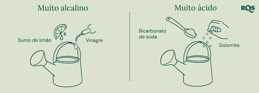 Guia para ajustar o pH do solo: limão e vinagre para aumentar o pH ('Muito alcalino'), bicarbonato de sódio e dolomita para reduzir o pH ('Muito ácido'). 