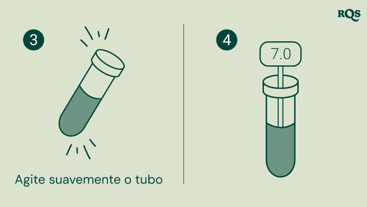 Instruções para testar o pH do solo: agite suavemente o tubo de ensaio e compare a cor do líquido com uma tabela para determinar o pH do solo. A imagem mostra um tubo de ensaio com pH de 7,0, indicando solo neutro.